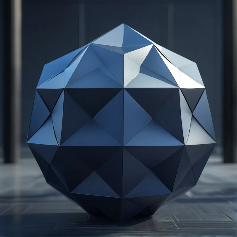 A faceted blue geometric shape sits on a textured floor illuminated by a soft light source from above.
