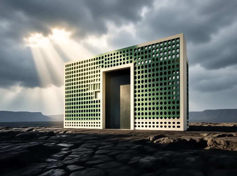 A green perforated building stands alone in a dark rocky landscape while beams of light shine through heavy clouds.