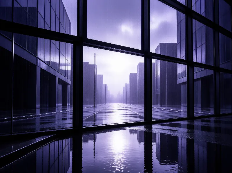 A wet cityscape stretches into the distance seen through a rain-covered glass pane with blue lighting.