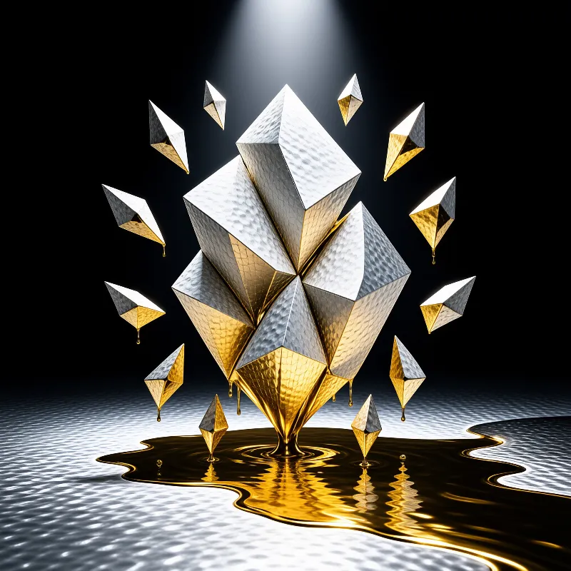 A faceted metal sculpture of gold and silver drips into a liquid gold pool surrounded by floating fragments in a spotlight.