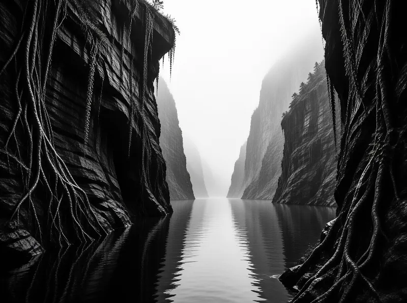 Dark cliffs with hanging roots frame a silent waterway disappearing into distant white mist.