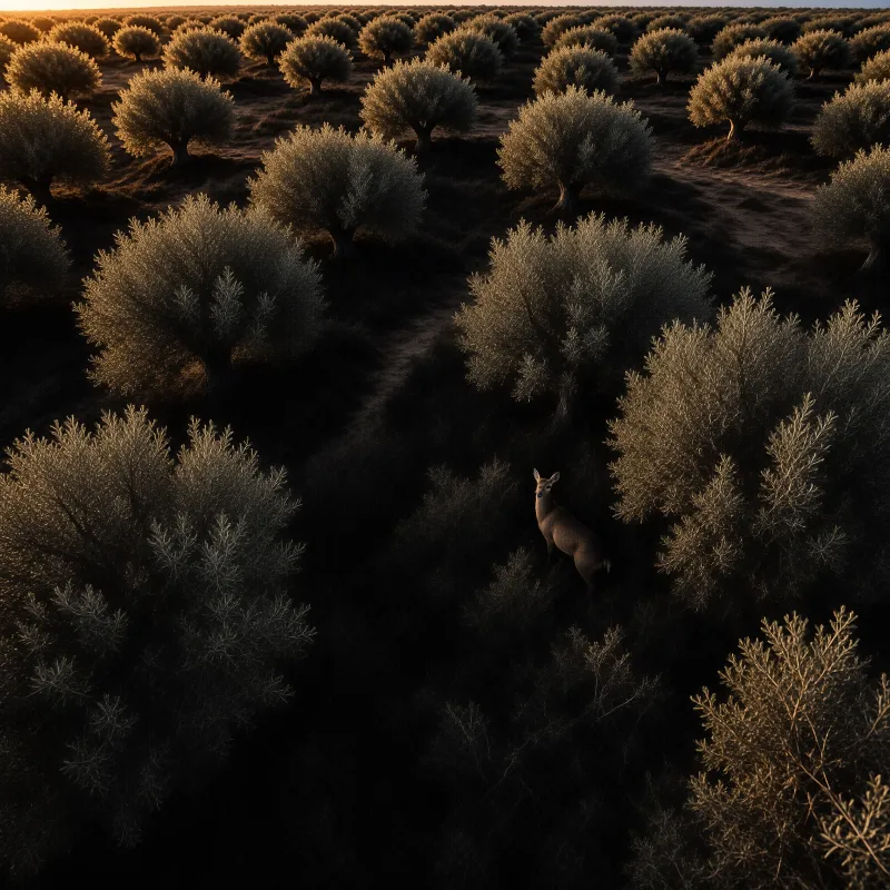 A lone deer stands amidst a field of olive trees bathed in warm golden light from a low sun casting long shadows.