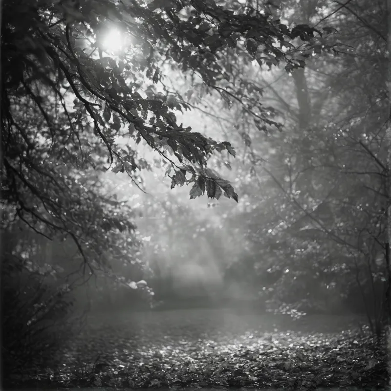 Dark branches extend from the left as bright sunlight filters through the canopy above a foggy forest floor in monochrome.