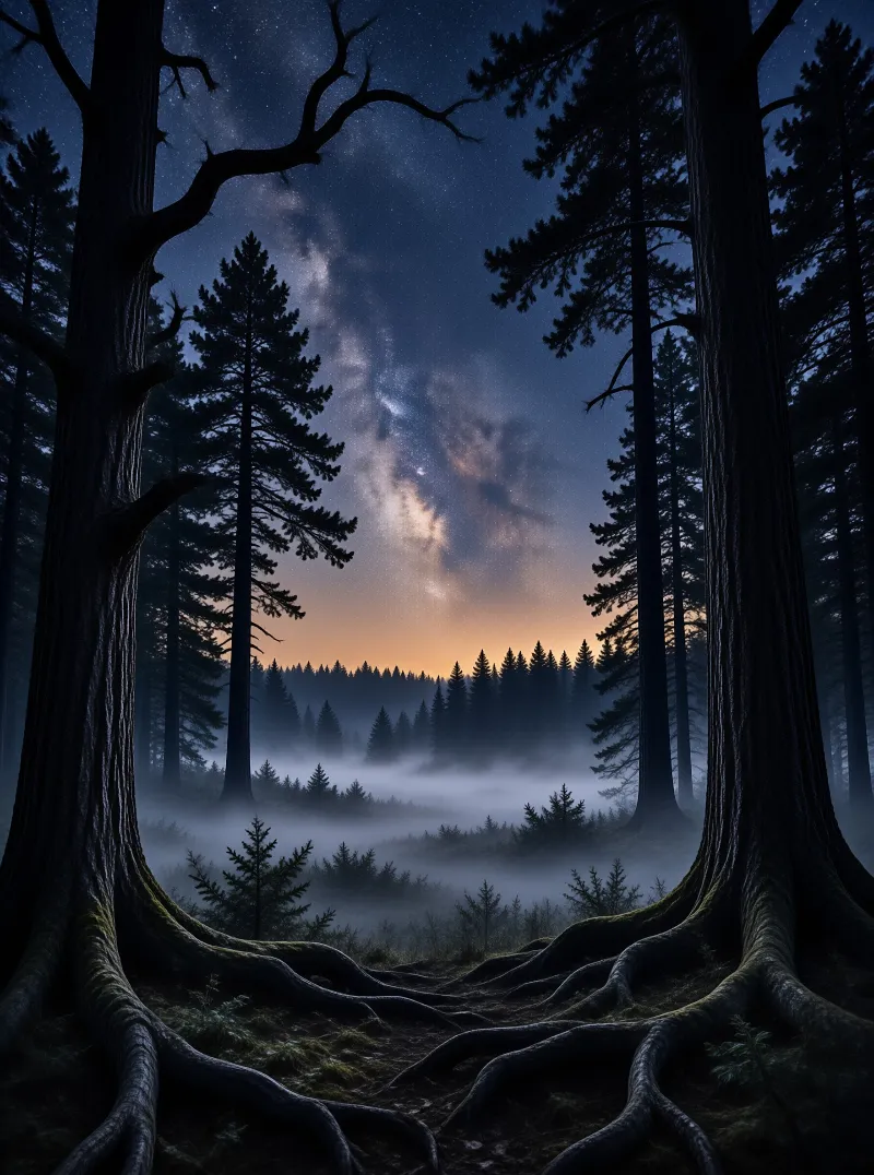 Starry Night in Misty Forest