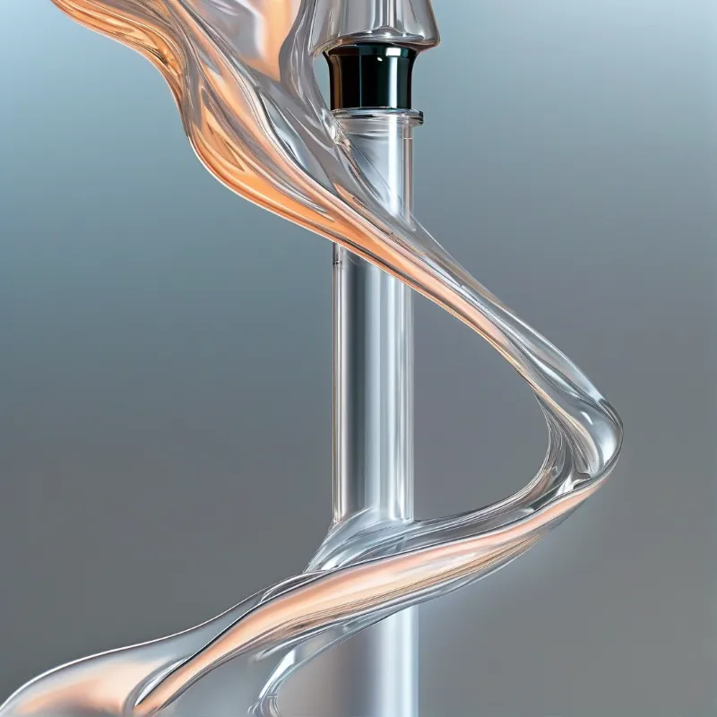 A translucent amorphous shape winds around a metallic cylinder with warm orange highlights against a smooth grey gradient.