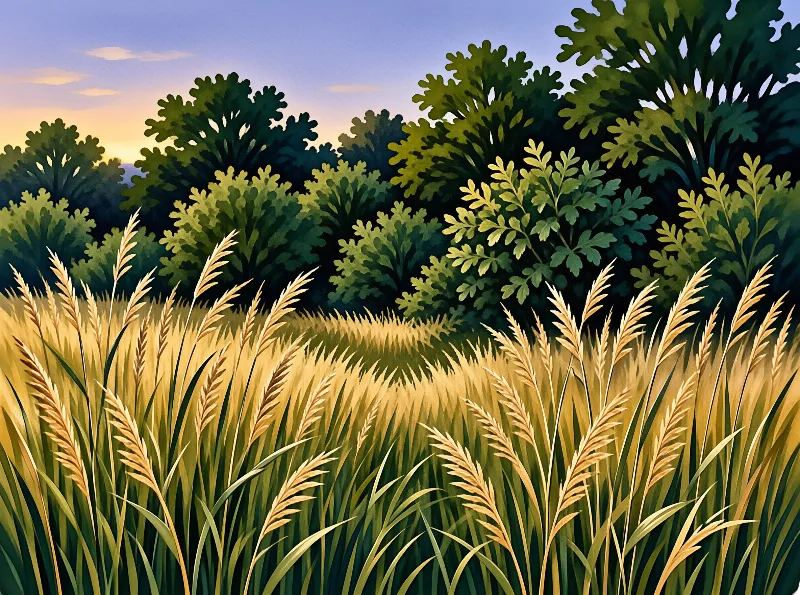 Golden wheat stalks sway in a field surrounded by lush green trees under a warm sunset sky.