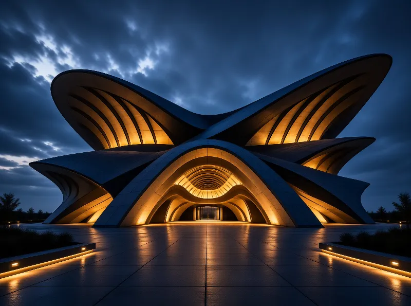 A curved building glows warm against a dark blue sky while light reflects on the wet pavement.