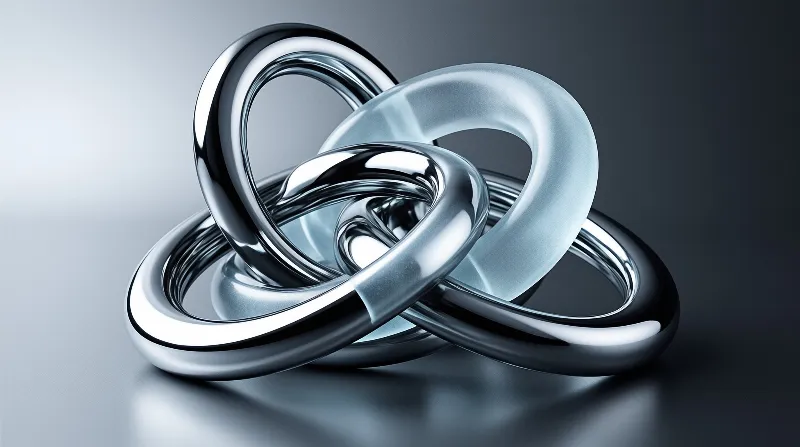 Three polished metal rings are linked together against a smooth gray gradient background with bright reflective highlights.