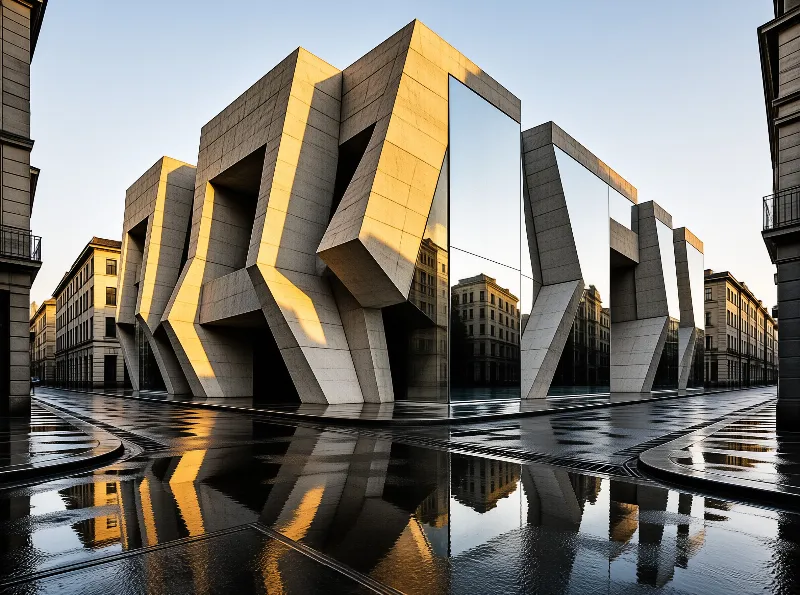 Slanted concrete piers alternate with tall mirror panels that reflect the evening sun and the rain-slick square.