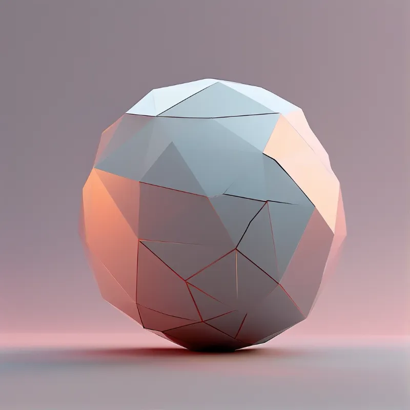 A low poly geometric sphere with triangular facets sits on a smooth surface under warm pink and cool blue gradient lighting.