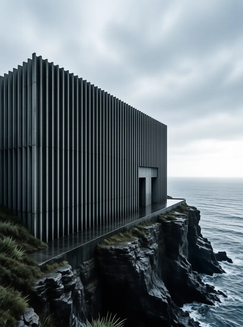 A dark building with a ribbed facade of vertical slats stands on a rugged cliff beside a calm grey sea beneath a cloudy sky.