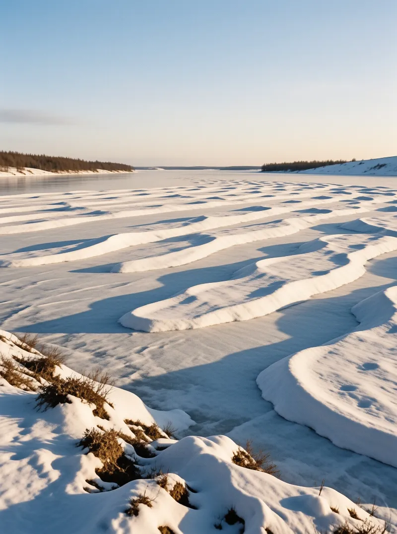 Long sculpted drifts of snow cross a frozen water surface lit by low winter sun.