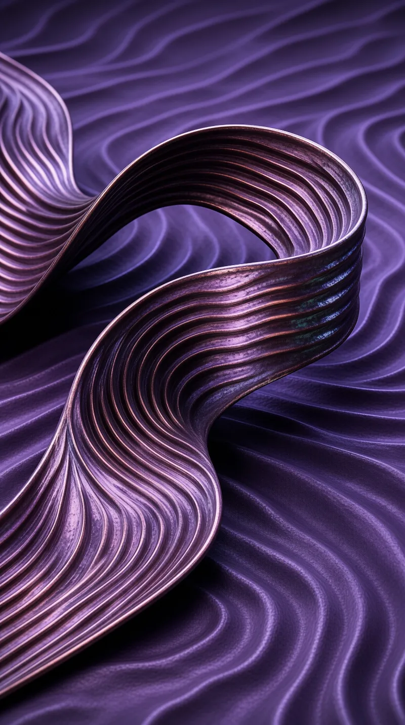 A thick purple ribbon curls dynamically across a matching wavy surface with bronze light reflections.
