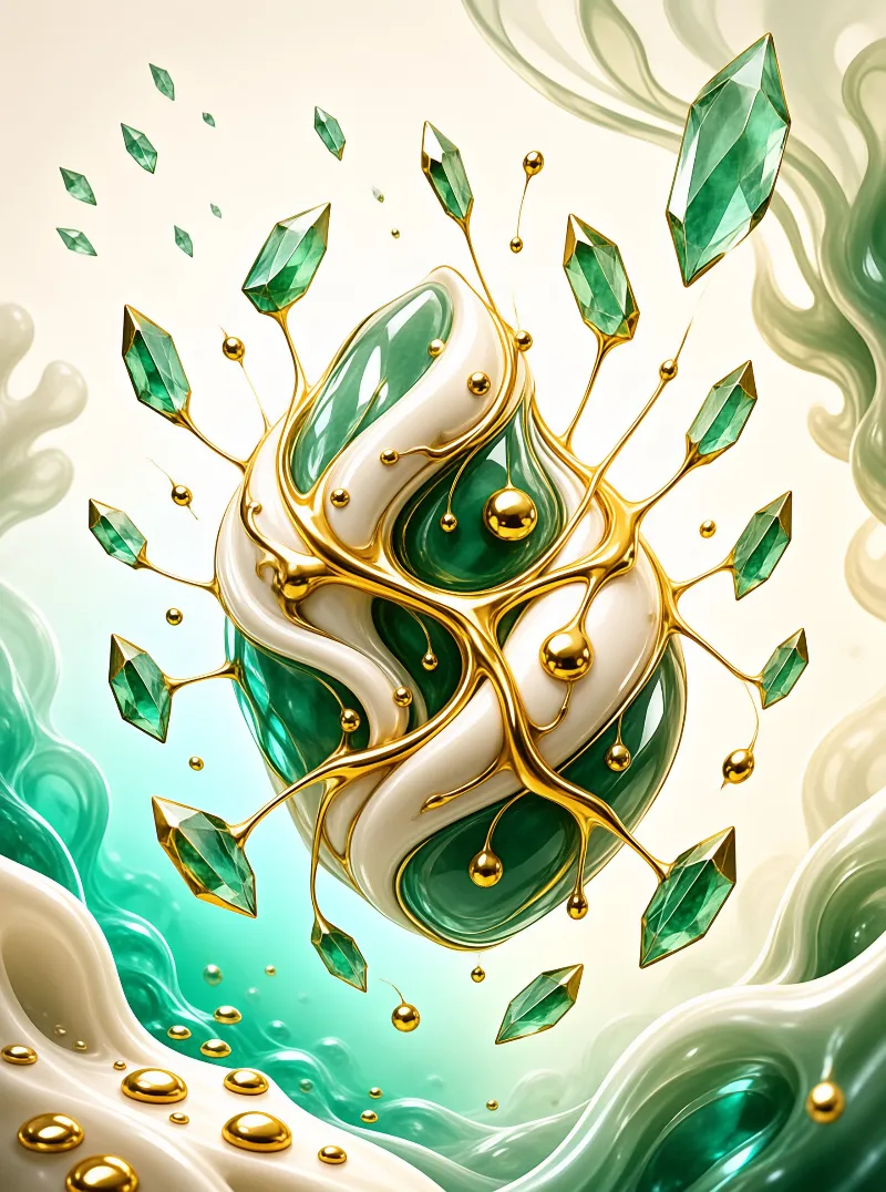 Polished emerald gems crown a swirling ivory and gold vessel surrounded by mint waves and golden droplets.