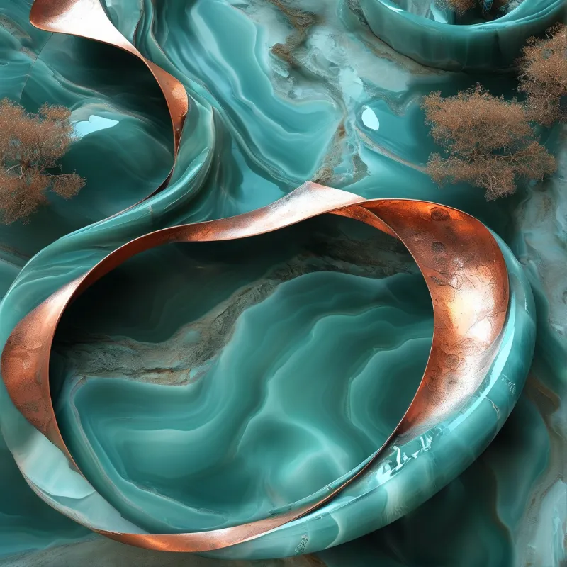 Rippled copper loop rests on flowing teal marbled surface with tiny brown shrub accents and bright glossy highlights.
