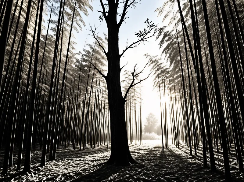 A dark leafless trunk stands centered while rows of slender bamboo fade into pale sunlight and long shadows.