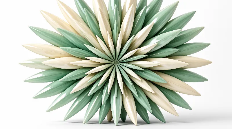 A glossy, spiky sculpture with alternating pale yellow and light green petals rests on a plain white surface.