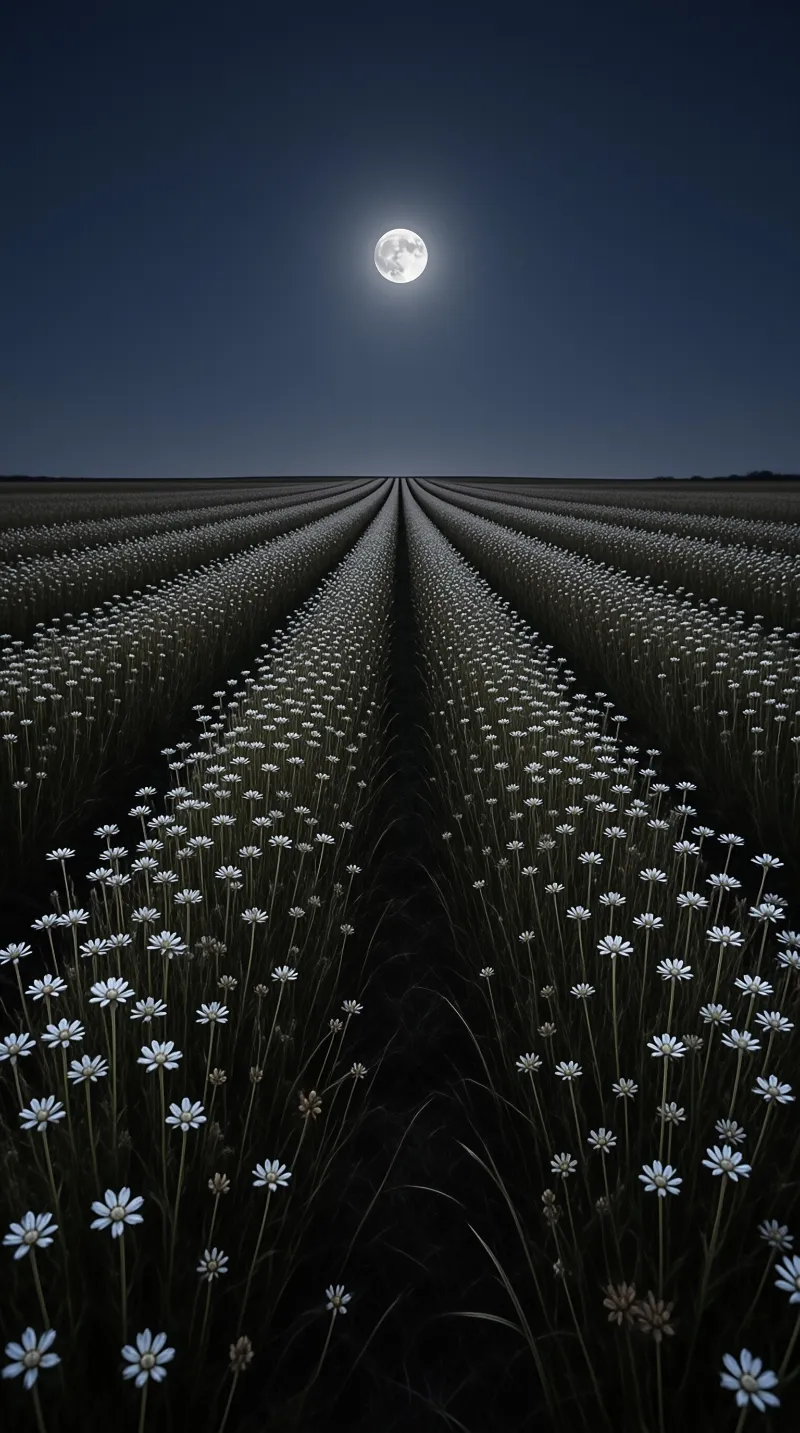 A field of white daisies arranged in rows leads the eye toward a full moon hanging in the dark sky.