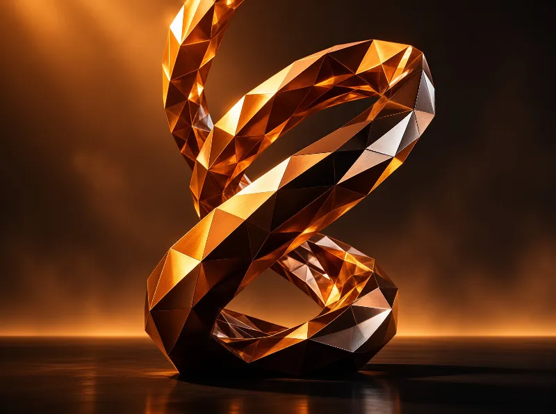 A low-poly copper ribbon sculpture twists upward in glowing facets against a smoky amber studio backdrop.
