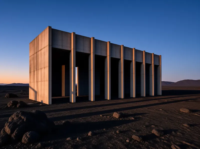 A concrete colonnade stands in a barren desert under blue sky with sunlight highlighting vertical pillars and casting shadows.