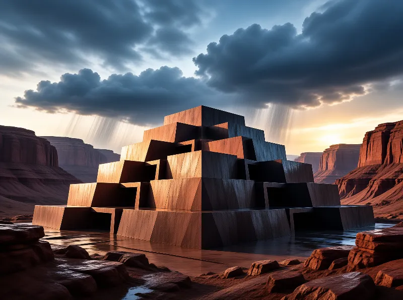 A futuristic tiered building stands alone in a rocky valley under stormy skies.