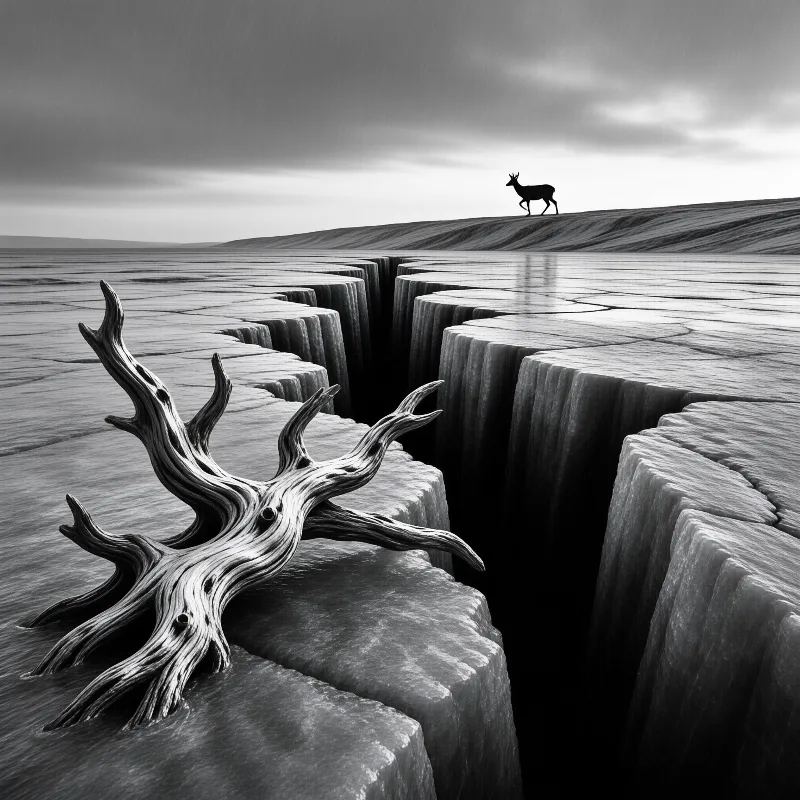 Gnarled driftwood sits at the edge of a deep crack splitting a vast flat salt plain, a distant stag stands on the far ridge under overcast grey skies.