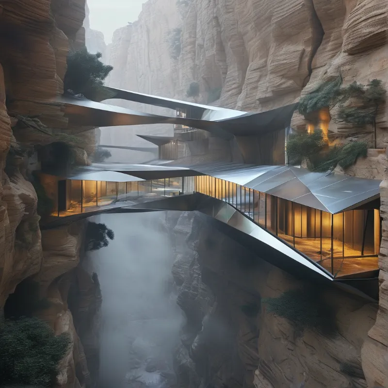 A futuristic building with metallic roofs hangs between rocky cliffs above a valley filled with thick fog.