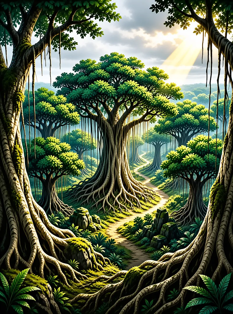 A winding dirt trail winds through verdant forest of giant trees with sprawling exposed roots, sunlight pours through parting clouds.