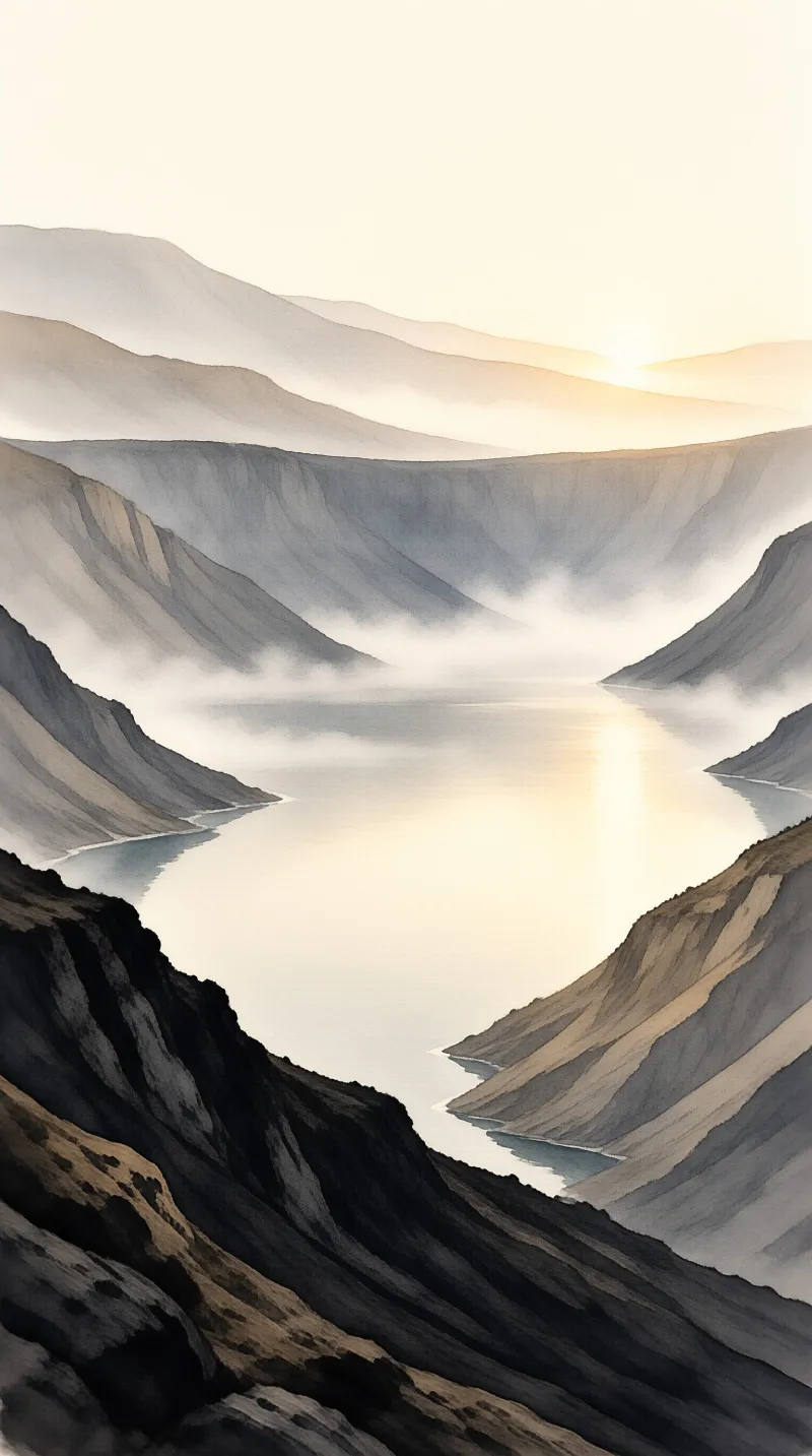 Layered mountains frame a calm waterway where sunlight creates a bright path across the surface amidst soft fog.
