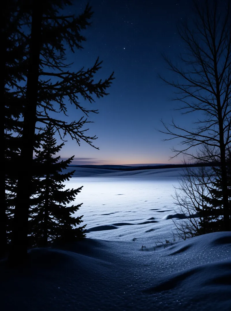 Dark evergreen branches frame a glittering frozen meadow under a starry indigo night with a faint dawn glow