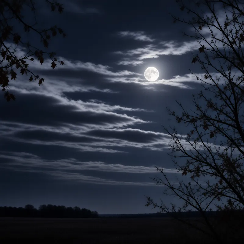 A bright full moon shines through wispy clouds while dark tree branches frame the sides of a nighttime landscape.