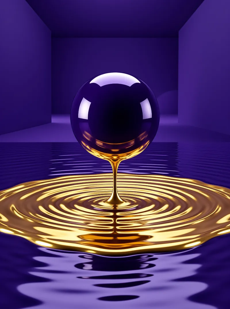 A dark polished orb floats above concentric golden ripples while molten metal threads down in a violet room.