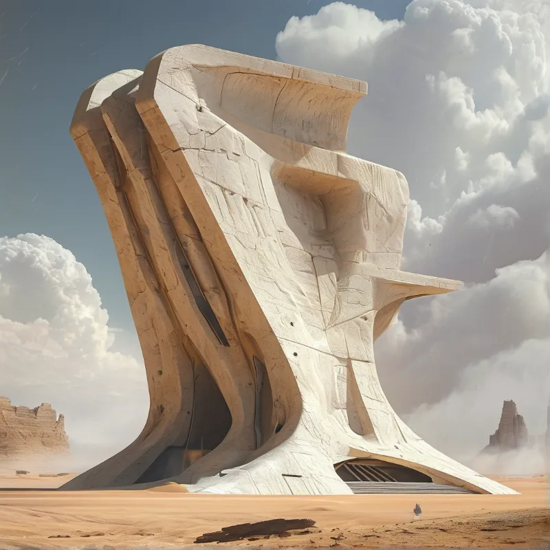 A massive white concrete building stands alone in a sandy desert landscape under a cloudy blue sky.