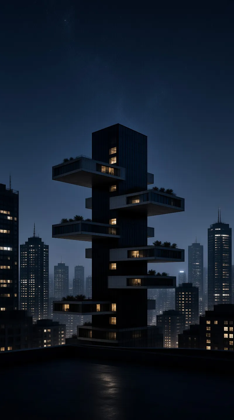 Stacked Brutalist Tower in a Night City