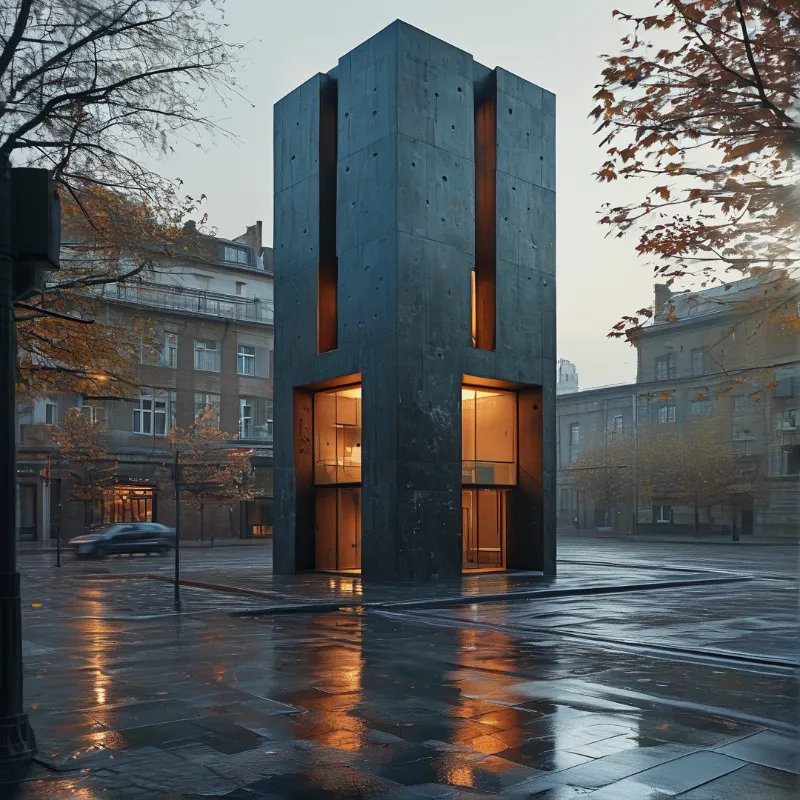 A tall grey concrete structure with glowing windows stands in a rain-slicked plaza surrounded by old buildings.
