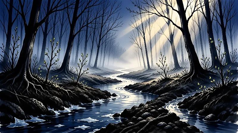 Bare trees line a winding riverbank as dramatic sunbeams pierce the misty forest canopy