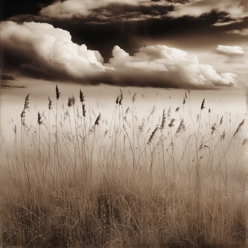Tall grasses sway under dramatic clouds in sepia tones that create a nostalgic and serene natural scene.