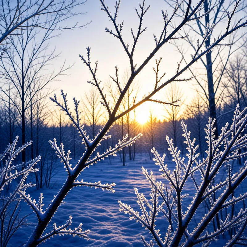 Bare tree branches coated in white frost stand in the foreground while a bright sun rises over a snowy forest landscape.