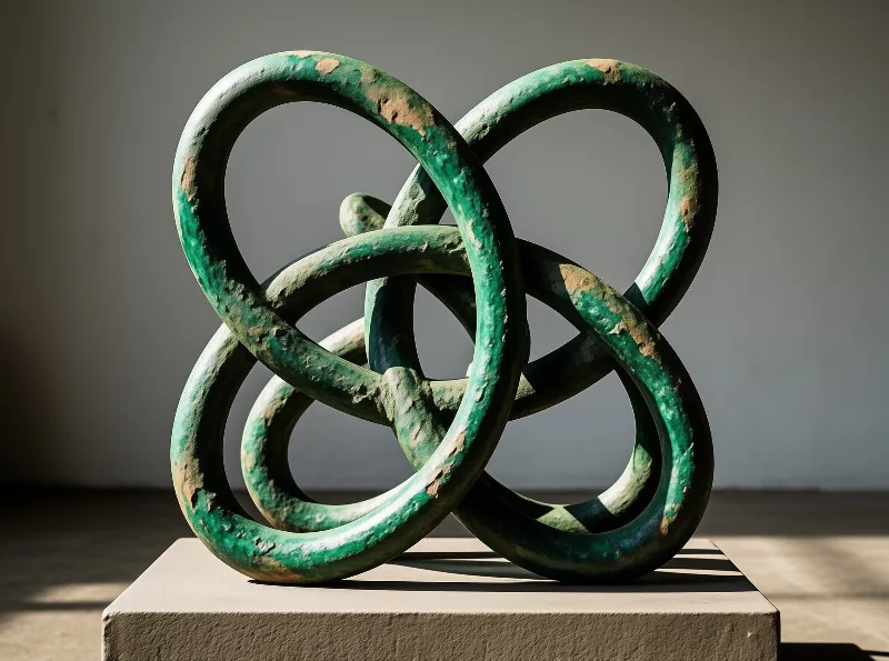 A green patinated metal sculpture consisting of intertwined rings sits on a grey concrete block under directional lighting.