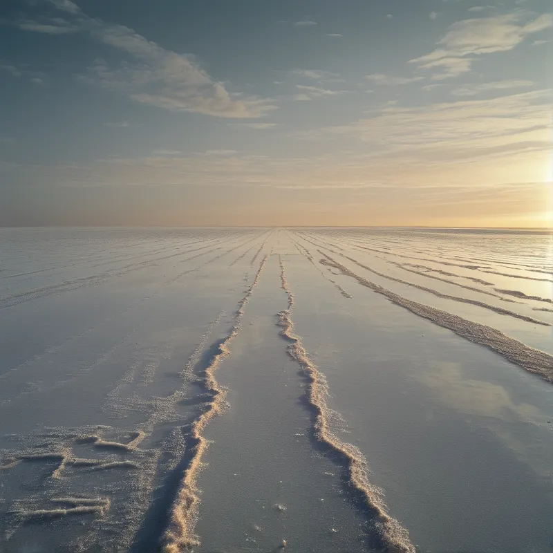 Parallel vehicle ruts extend into the distance across a wide mudflat under a pale sky