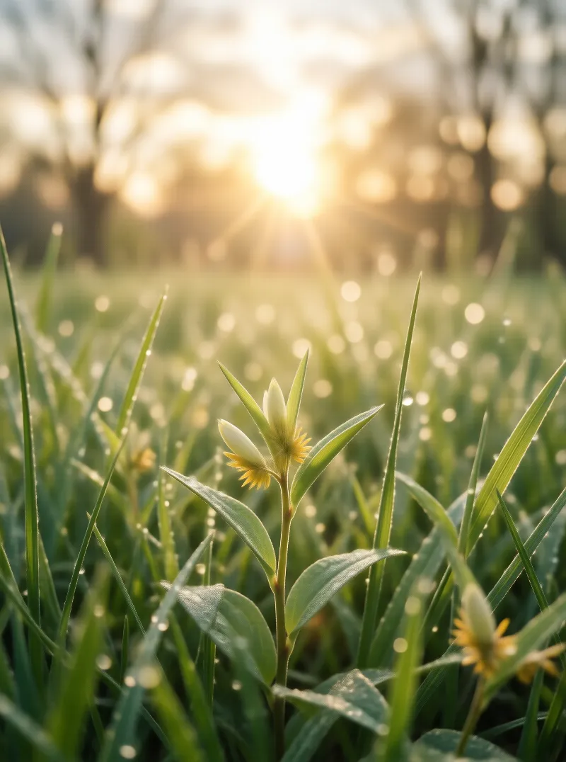 Sunlit Morning Dew on Wildflowers