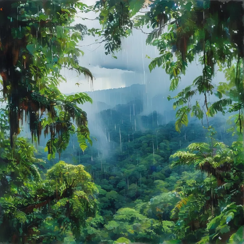 Dense tropical forest with ferns and vines sees heavy rain as sunlight beams through misty clouds above distant mountains.
