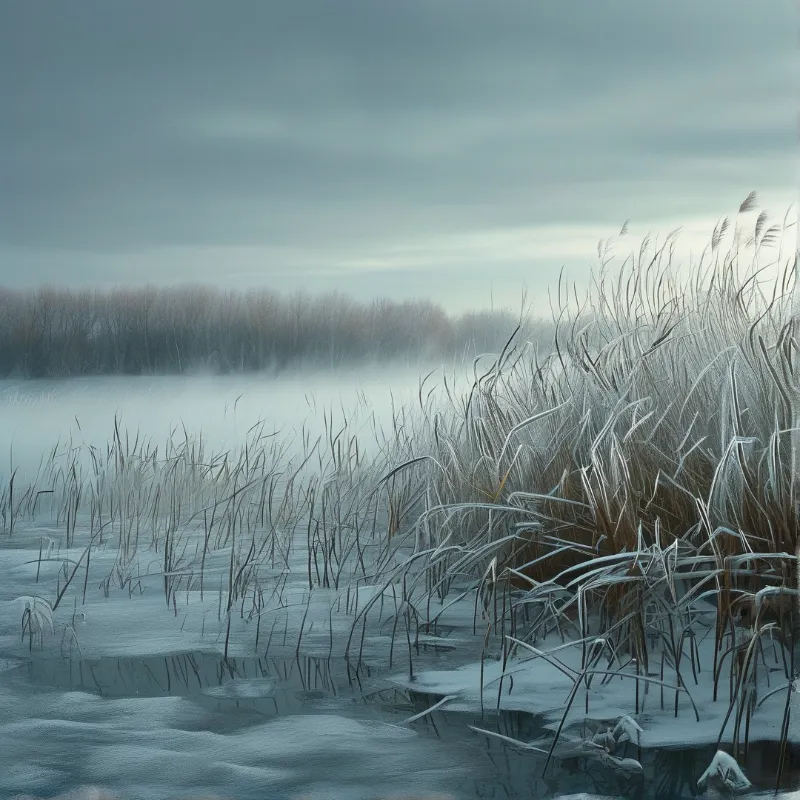 Ice rimed grasses stand over dark water while dense fog veils the far winter trees.