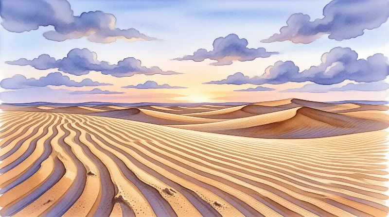 A soft watercolor painting of rolling desert dunes beneath a glowing sunset sky streaked with lavender clouds.