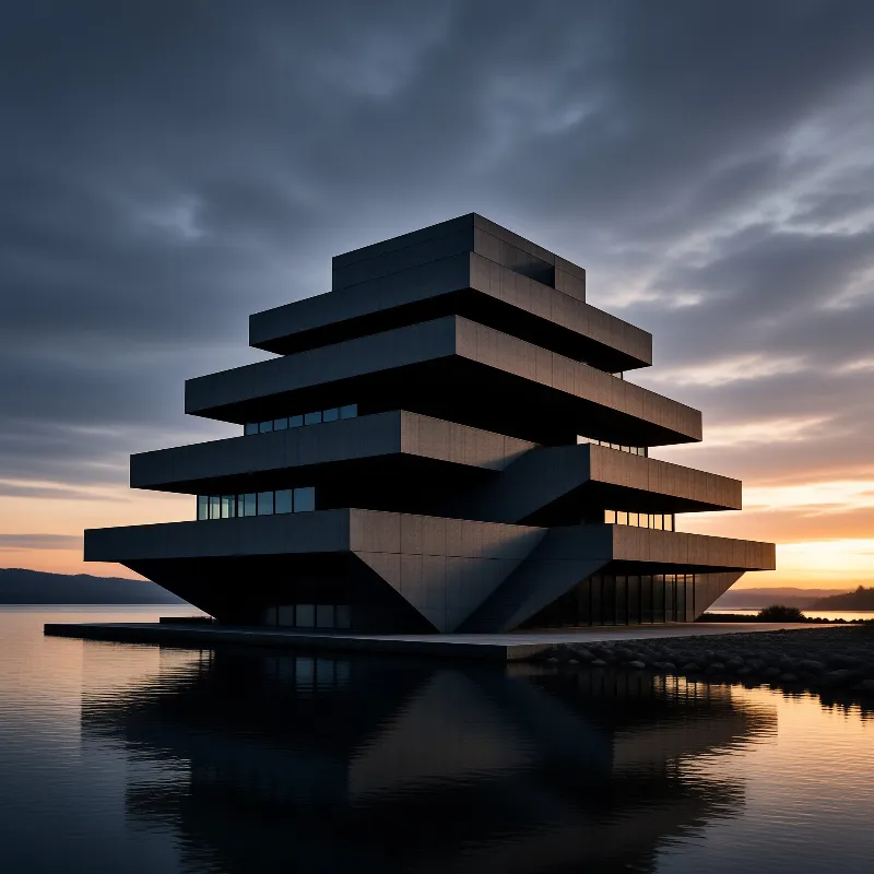 A dark modern architectural structure with multiple cantilevered levels stands on a pier above calm water during twilight.