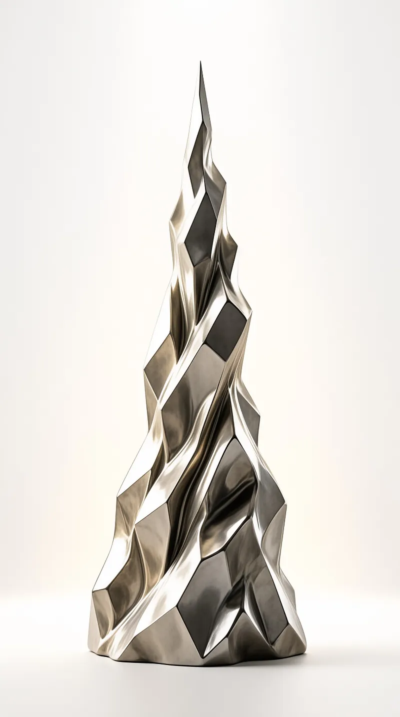 Tall metallic sculpture with sharp facets stands isolated on a white surface under bright studio illumination.