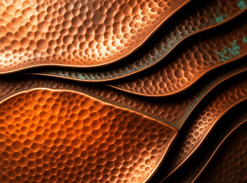 Warm light sweeps across dimpled copper vessels whose curved rims are flecked with turquoise verdigris in deep shadow.