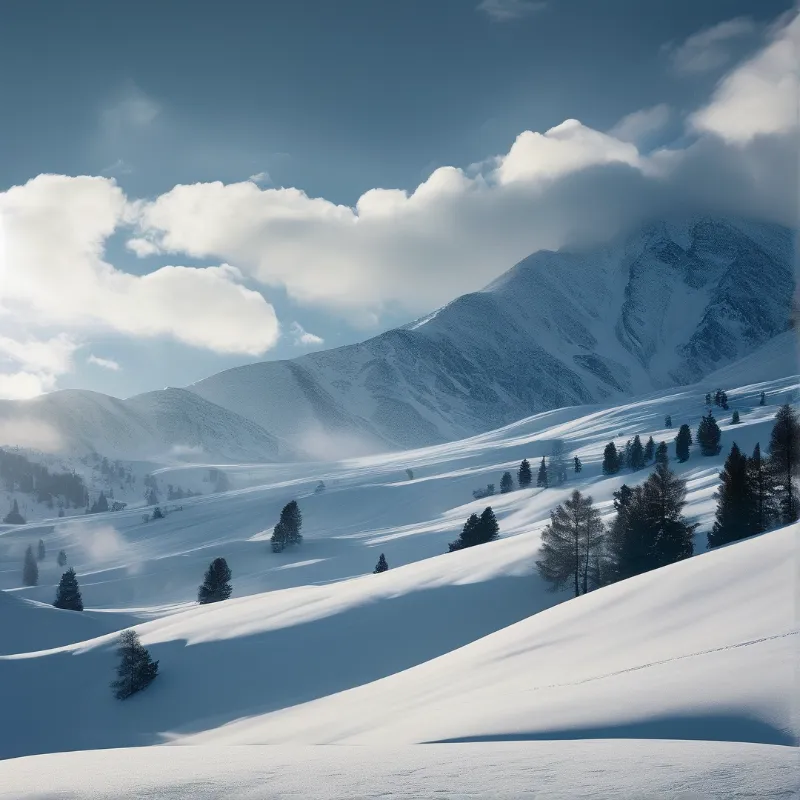 A wide view of rolling white hills dotted with dark green conifers under a blue sky with heavy clouds obscuring the summit.