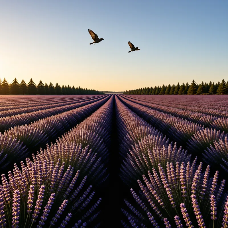 Endless lavender rows lead toward a forest line while two birds soar through a soft gradient sky at dusk.