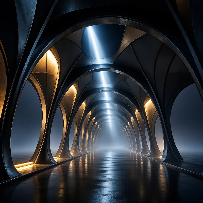 A futuristic passageway with ribbed walls illuminated by alternating blue and amber light reflecting off a glossy floor.